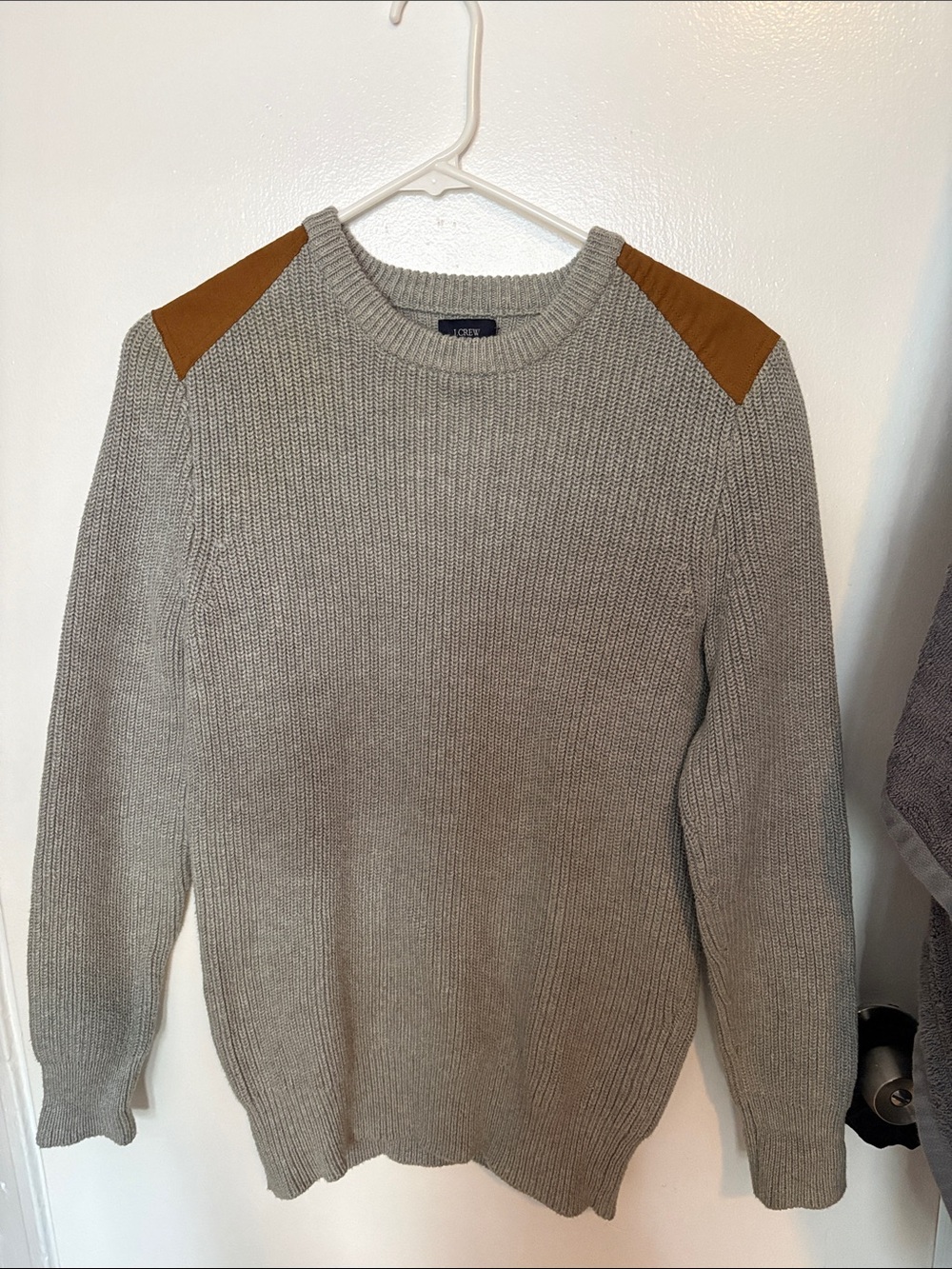 J. Crew Light Gray Crewneck Sweater with Brown Shoulder Patches